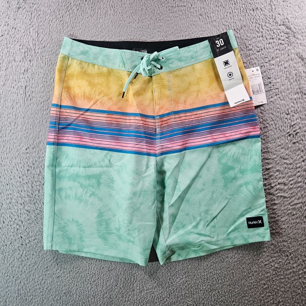 NWT Hurley Board Shorts Swim Trunks Men 30 No Liner Green Yellow Blue Striped